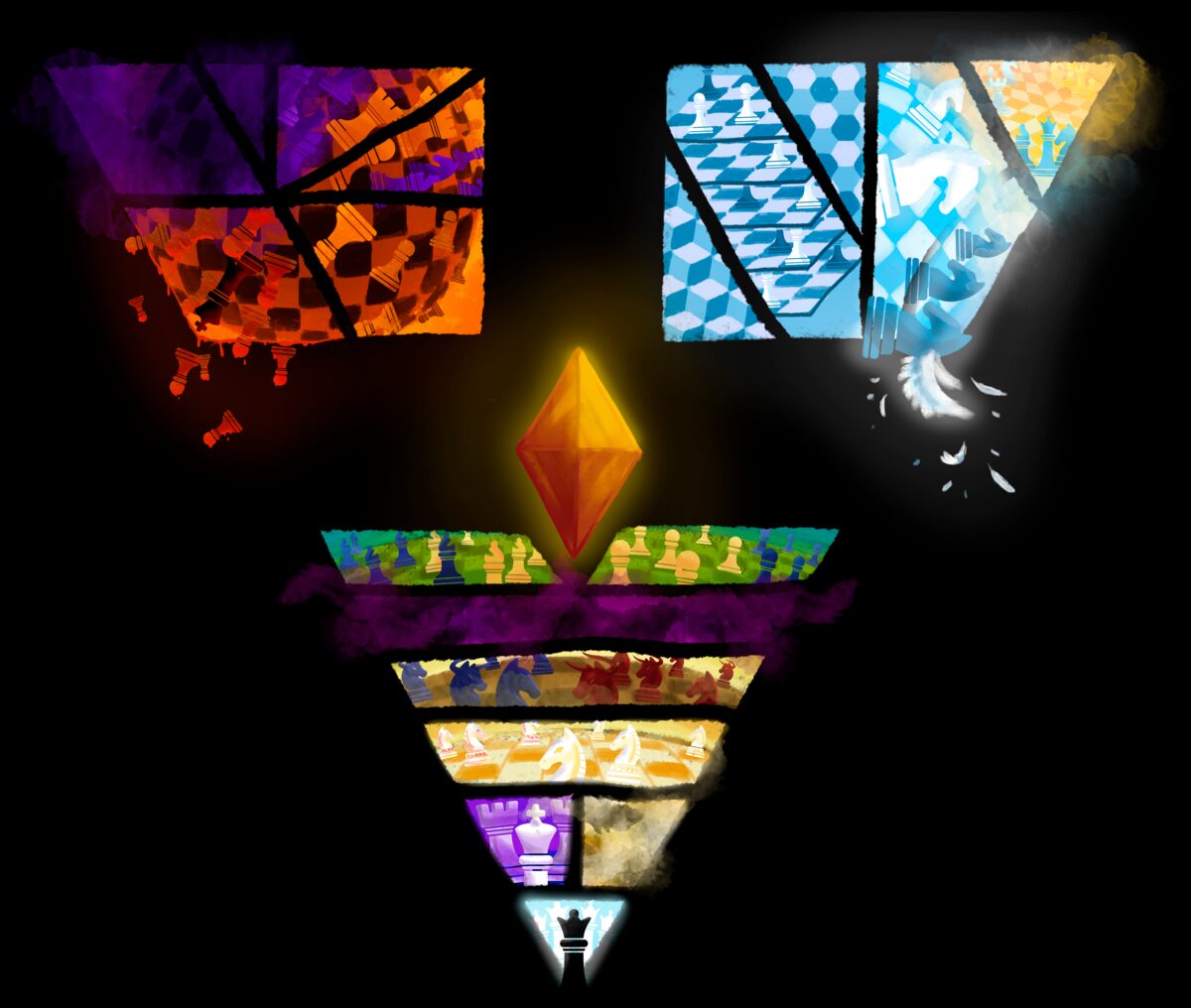 The pyramid of the piece games: Hell, Heaven and the soul above the modes